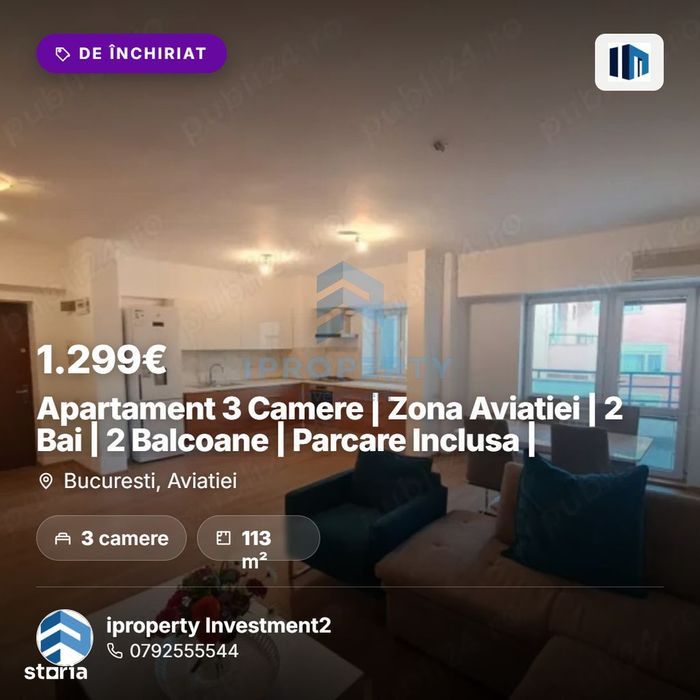 Apartament 3 Camere |  Zona Aviatiei | 2 Bai | 2 Balcoane | Parcare In