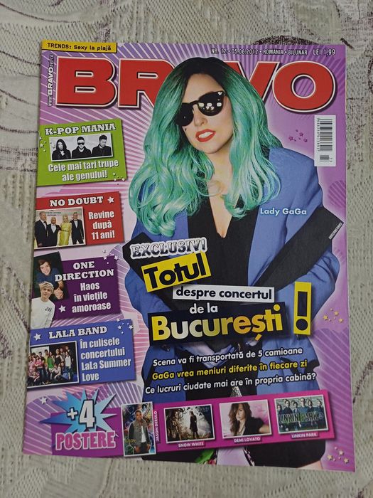 Vand revista Bravo iunie 2012, completă, cu Lady Gaga, CU 4 POSTERE cu Linkin Park, Demi Lovato, Jason Derulo si Snow White in stare impecabilă
