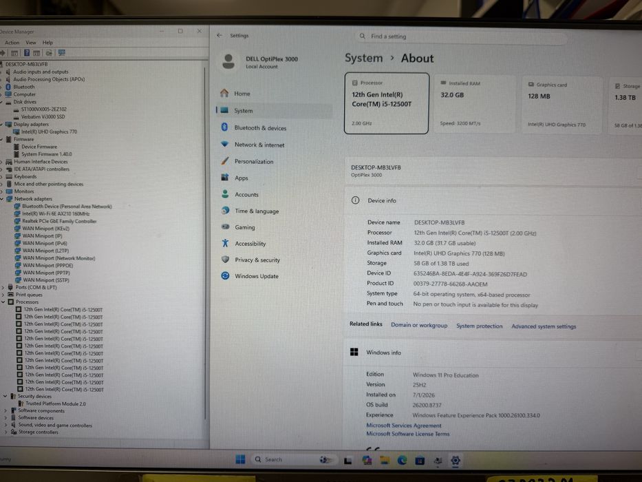 Calculator SFF DELL OptiPlex 3000, Intel i5-12500T, 32GB RAM, 512GB SSD, 1TB HDD, WiFi 6, W11P