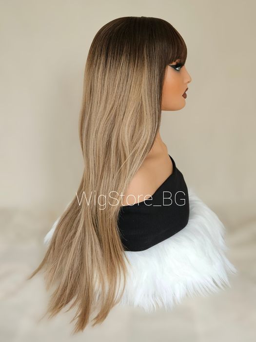 Кестенява права омбре перука с бретон