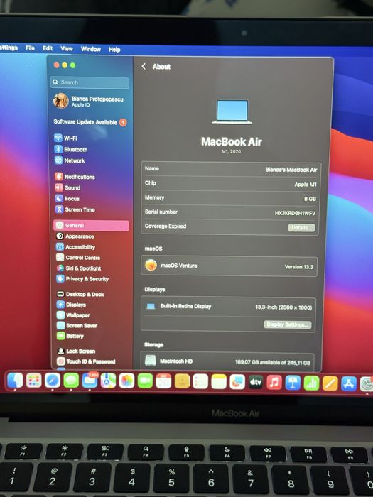 MacBook Air 13″ (2020), cip Apple M1, 8 GB RAM, 256 GB SSD