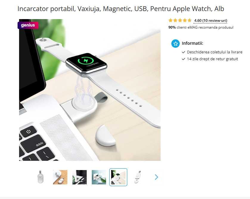 Incarcator portabil USB, Pentru Apple Watch, Magnetic