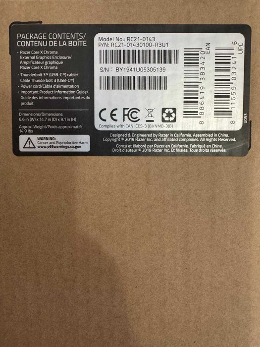Razer Core X Chroma, enclosure / suport pentru placă video externă, Thunderbolt 3 USB-C.