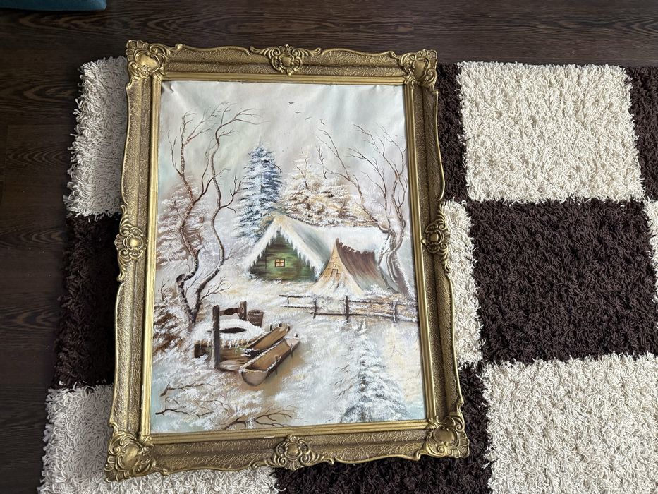 Vand tablou vechi pictat in panza rama lemn peisaj iarna [poze reale