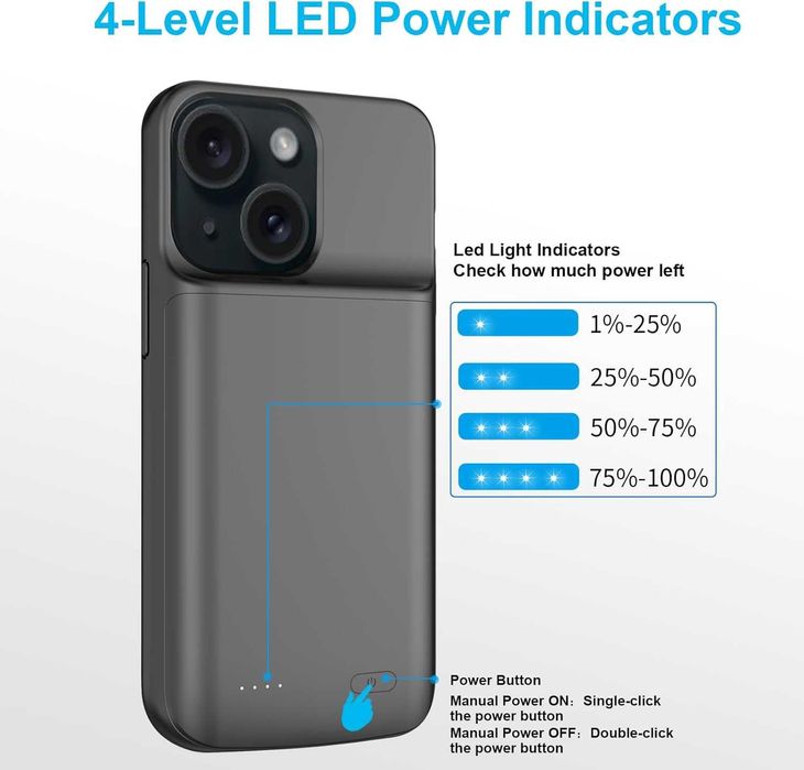 YISHDA калъф с батерия за iPhone 15 (6.1 инча), 7000mAh тънък