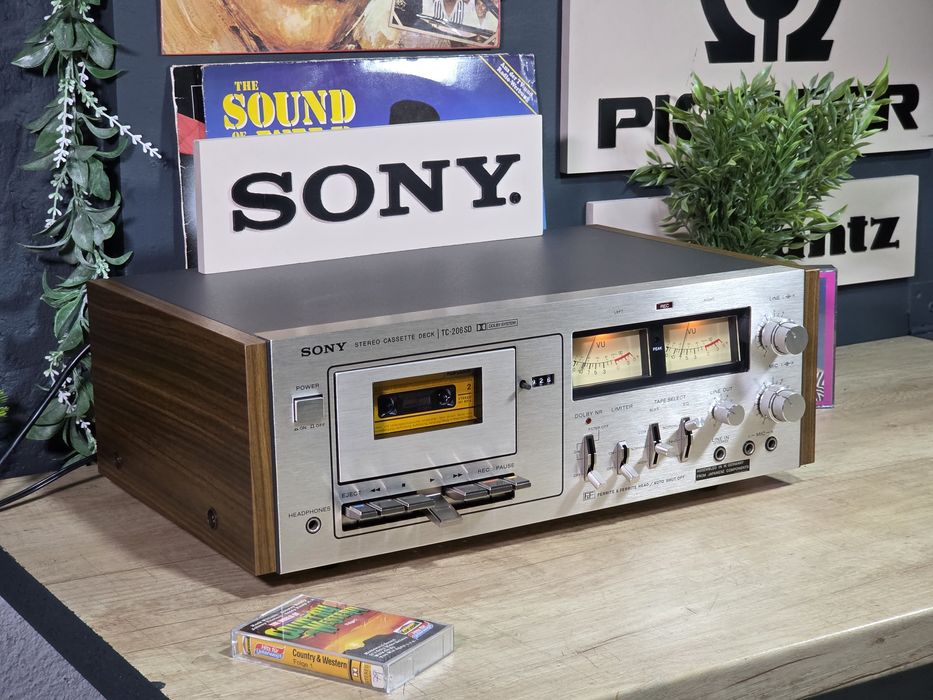 Casetofon deck SONY TC-206 SD, vintage stereo argintiu, laterale lemn, vumetre, impecabil