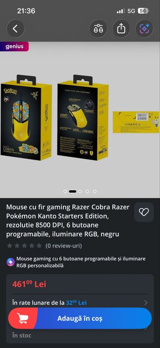 Mouse gaming Razer Cobra Razer Pokémon Kanto Starters Edition