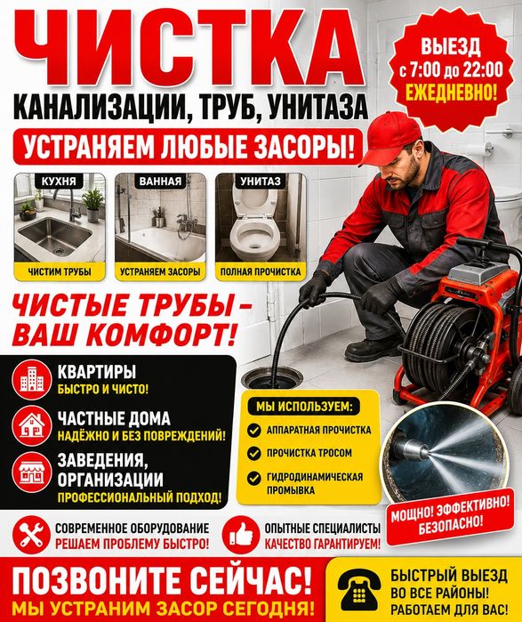 Прочистка канализации и труб устраняем любые засоры унитаза кухни ванн