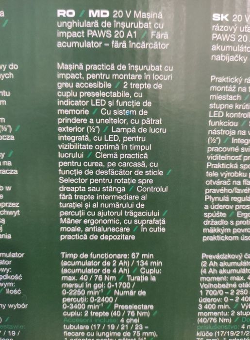 Cheie de insurubat, cu impact  unghiulara Parkside pe acumulator 20V