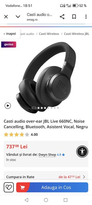 Casti audio over-ear JBL Live 660NC, Noise Cancelling, Bluetooth, Asis