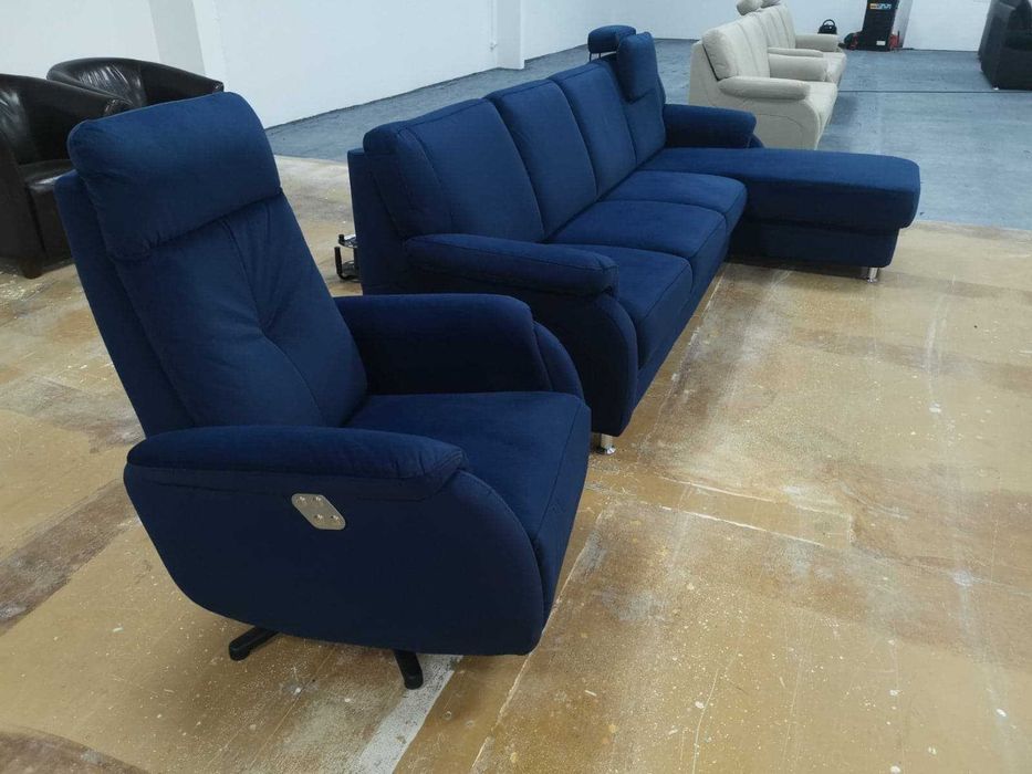 Нов Син ъглов диван и фотьойл релакс "Tyler" от плат