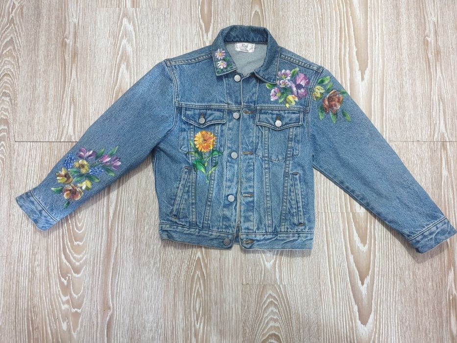 Jacheta jeans pictata manual flori M/L 38 40
