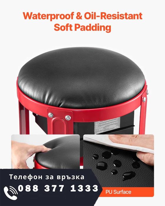 НЕМСКА Гаражна Табуретка с Колела с Чекмеджета VEVOR + ЛЕД ФЕНЕР