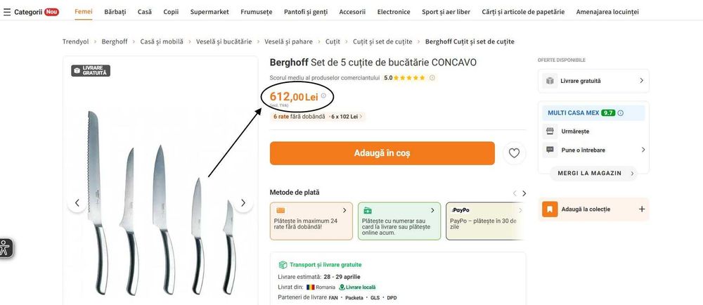Set de 5 cuțite de bucătărie Berghoff, (Super Ofertă).