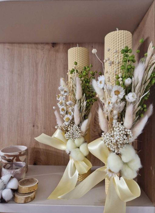 Lumanari ceara albine, parafina, ceara soia, flori uscate botez nunta