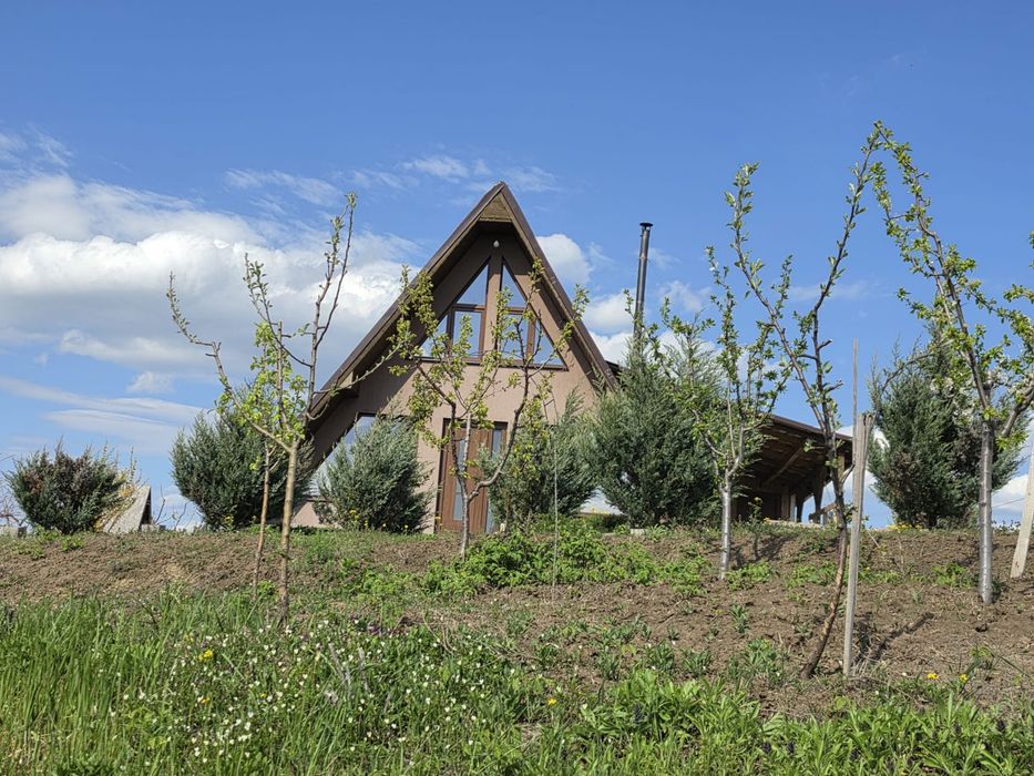Teren de 1000mp , casa de lemn A-Frame cu exterior finisat, interior in curs de finisare, Chicerea