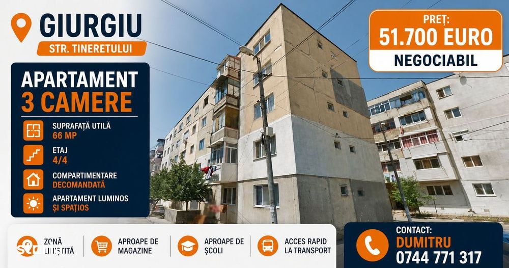 Giurgiu, Apartament cu 3 camere - 66 mp - ETAJ 4 - str. Tineretului