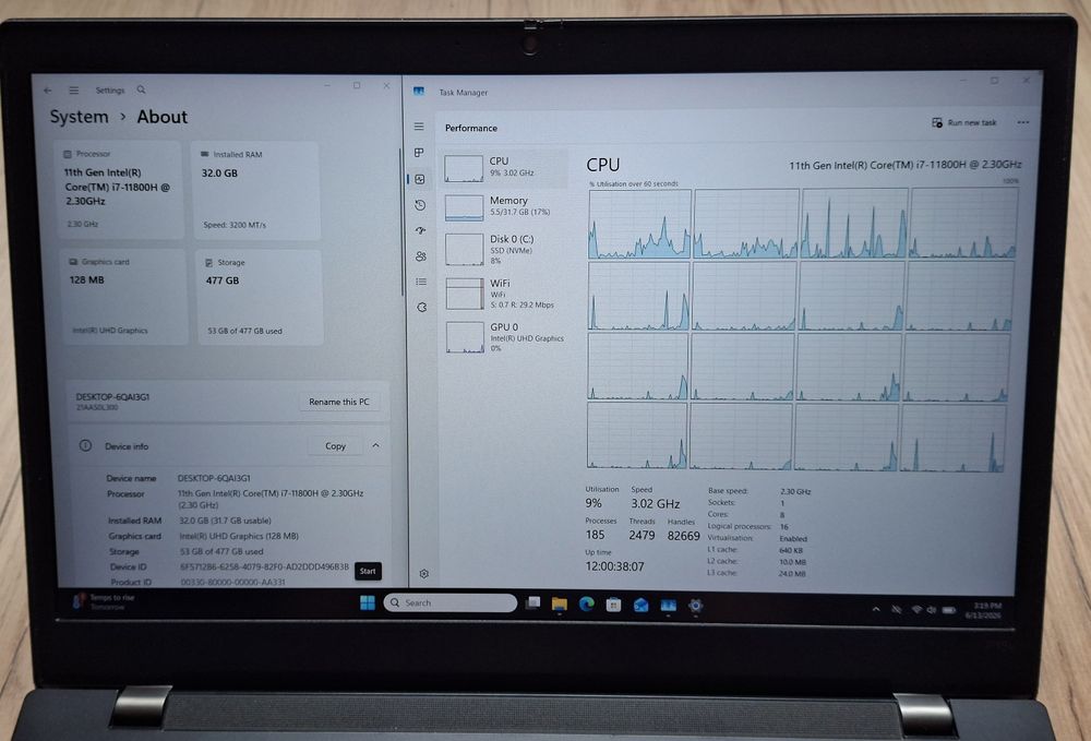 15.6' IPS Lenovo P15v Gen2 Intel Core i7-11800H/32GB DDR4/512GB/Бат.6ч.