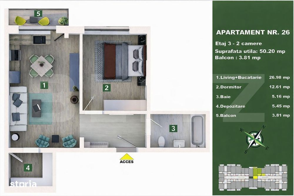 Apartament 2 camere, living cu bucatarie open space, balcon – 50 mp — fotografia 1