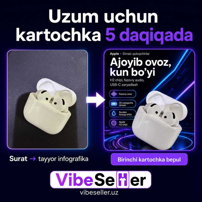 Uzum uchun kartochka 5 daqiqada: surat → tayyor infografika + matnlar