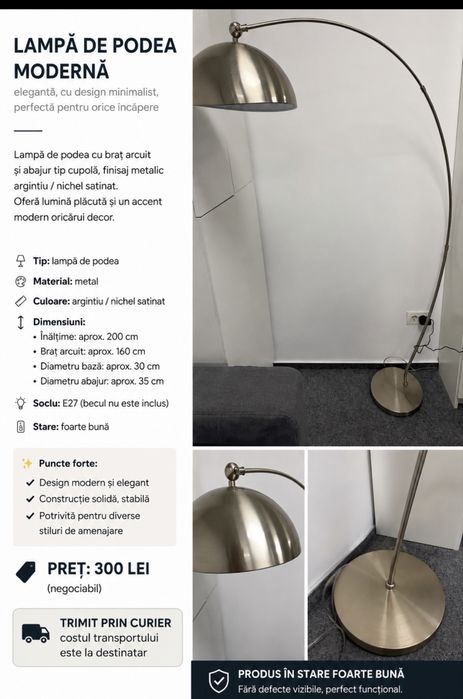 Lampă de podea modernă cu braț arcuit – 300 lei