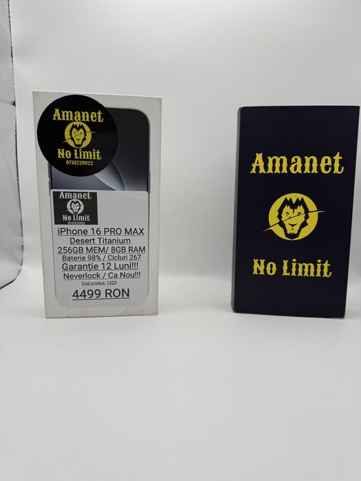 iPhone 16 Pro Max 256GB Desert Titanium Baterie 98% Garantie 12 Luni.