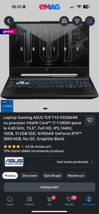 Laptop Gaming Asus TUF F15 FX506HM / i7 11800H / RTX 3060 6GB / 144hz