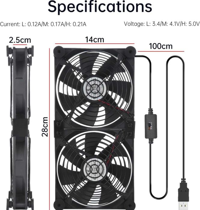 ELUTENG Ventilator dublu USB PC computer,140 mm,12V,1500rpm,port USB