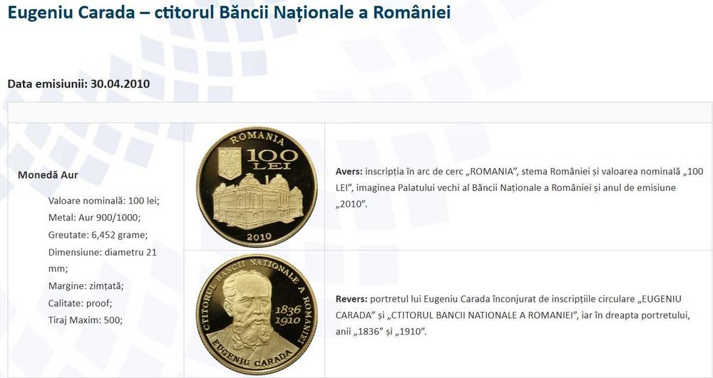 Moneda aur BNR 100 Lei, Eugeniu Carada, gradata NGC PF 68 UC