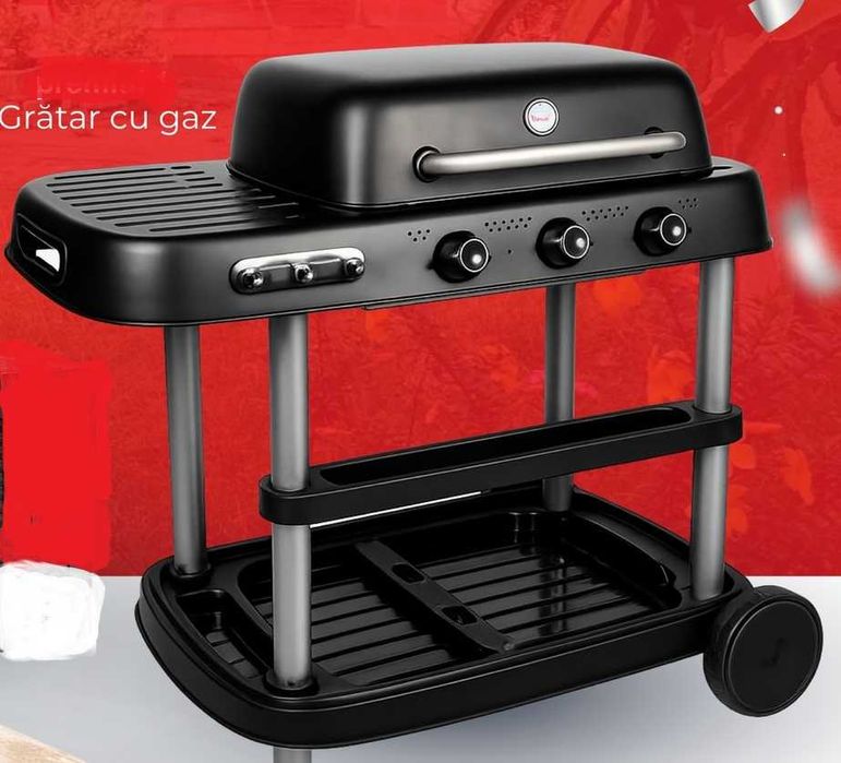 Gratar Hyba pe gaz, cu roti, capac, rafturi, maner, din otel