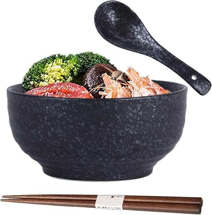 Купа за рамен, керамична японска купа с лъжица и клечки + капак