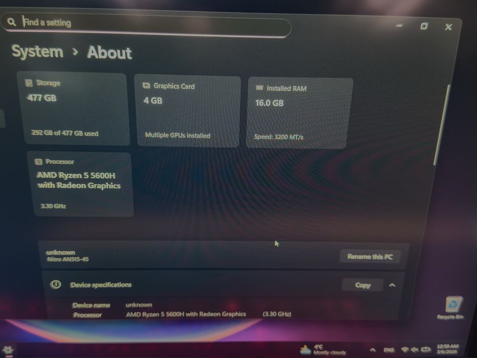 Laptop gaming Acer Nitro 5, AMD Ryzen 5 5600h, RTX 3050, 16GB RAM
