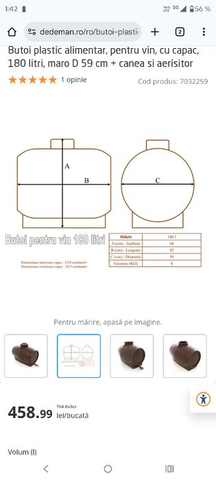 Butoi vin 180 l  cu cep in satre buna