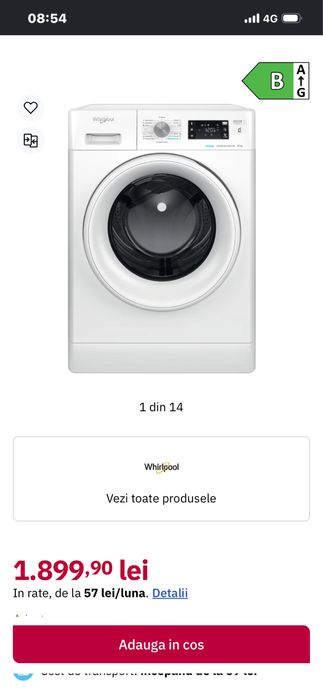 Masina de spalat rufe WHIRLPOOL FFB 8258 WV EE, Steam, 6th Sense, 8 kg, 1200rpm, Clasa B, alb