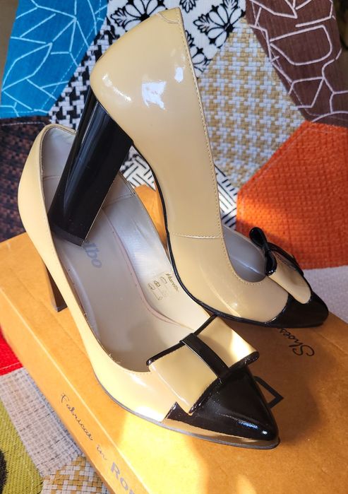 Pantofi eleganți damă din piele lac marca Marelbo– crem & negru – mări
