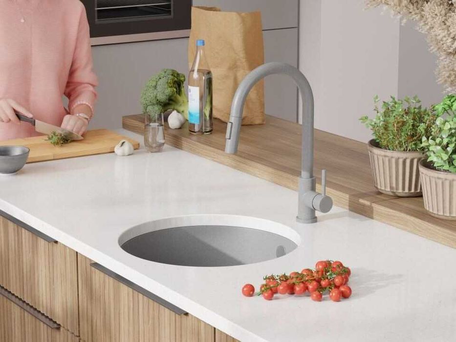 Сива кръгла кухненска мивка за вграждане под плот Валета 50 460x460 мм