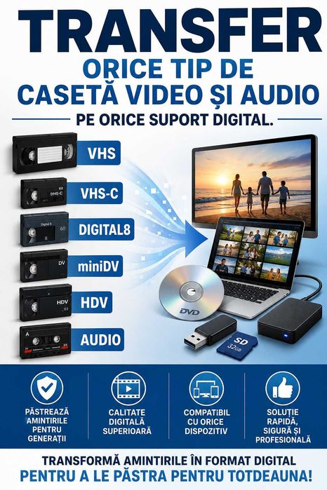 Transfer casete VHS, VHS-C, Digital8 si DV pe suport CD, DVD, USBstick