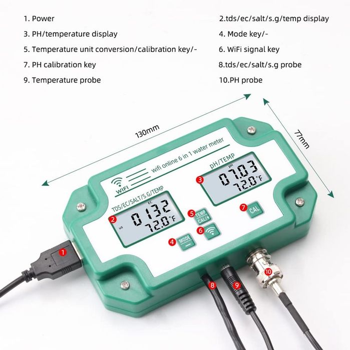 Tester de calitate a apei 6 în 1 WiFi Monitor digital pH/TDS/EC/SG/Sare/Temp - Acvacultură