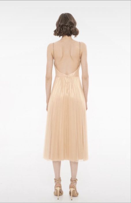 Rochie Nissa midi cu pliuri si bretele, auriu S