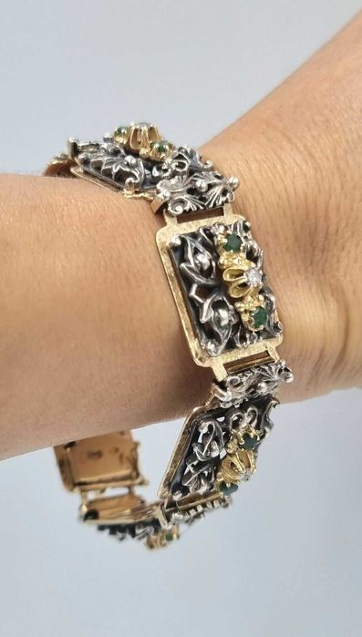 Piesa exceptionala! Bratara veche art nouveau aur 18 k, diamante si smaralde naturale