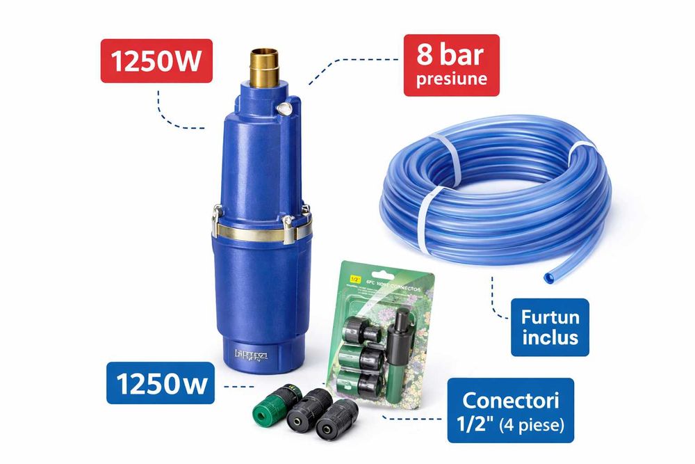 Pompa submersibila 1250W 8 bar + furtun irigatii + accesorii