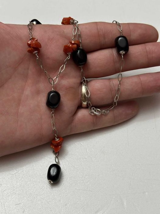COLIER ARGINT 925 + Pietre ONIX Negre + Bucati CORAL - 24g. - Vintage