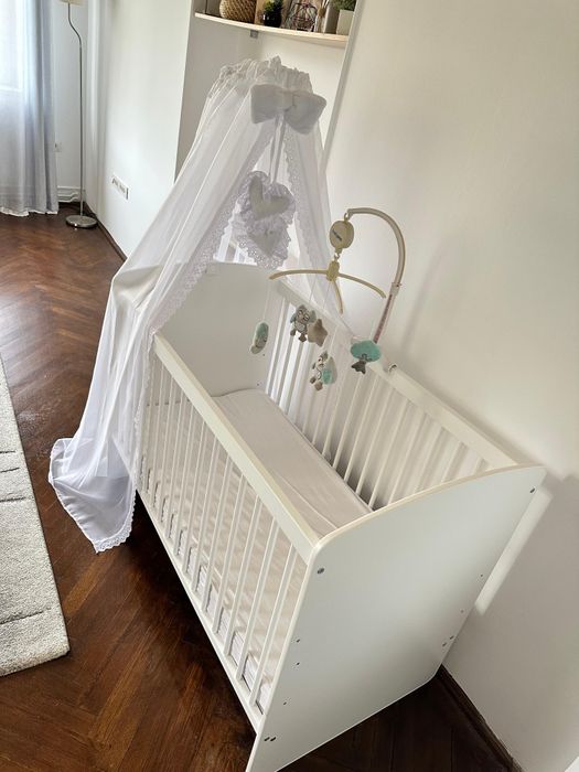 Pătuț bebe din lemn + saltea cocos + baldachin, 120x60