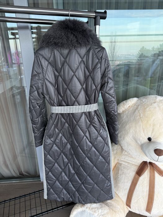 Ново сиво палто с естествен косъм лисица яке с пух