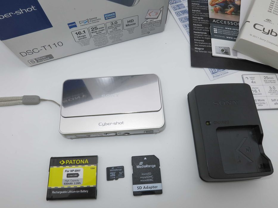 Sony Cyber-Shot DSC T110 ултра компактен и тънък цифров фотоапарат, сребърна дигитална камера с тъч скин, 16MP, пълен комплект в отлично състояние