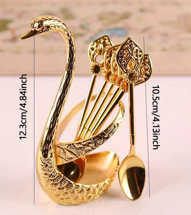 Золотистый декоративный набор лебедь подставка и 6 ложек