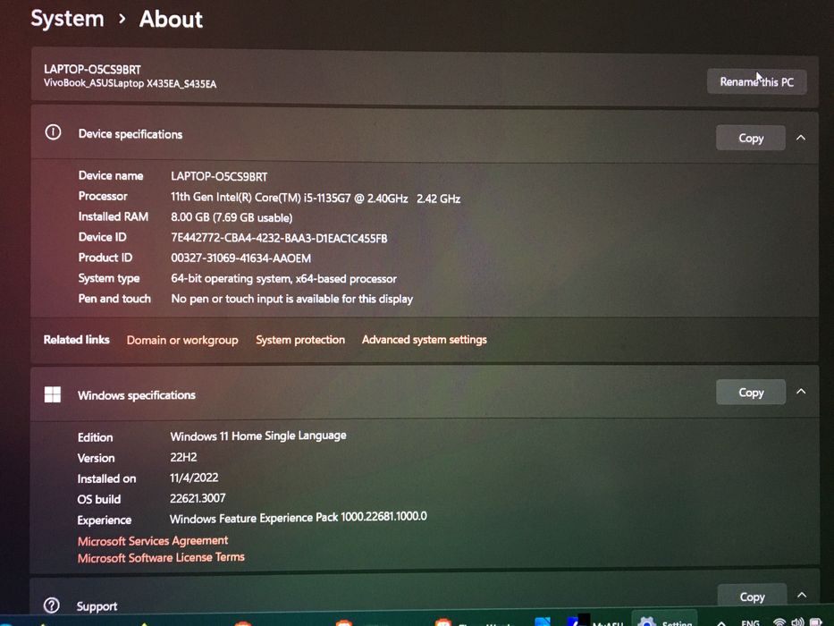 Asus Vivobook i5 1135G7 2.4 Ghz 8GB RAM 250 GB storage