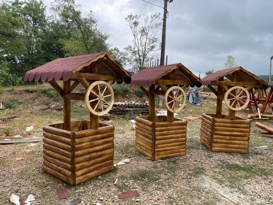 Balansoar  rustic  din  lemn  masiv  bușteni  cu 2 leagăne