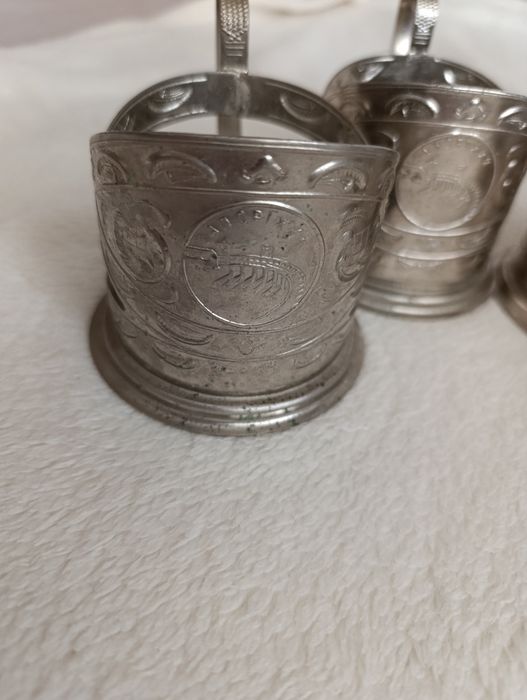 Set 4 suporturi pahar ceai Podstakannik argintate, URSS 1967 – Hidrocentrala Zaporojie / DniproHES