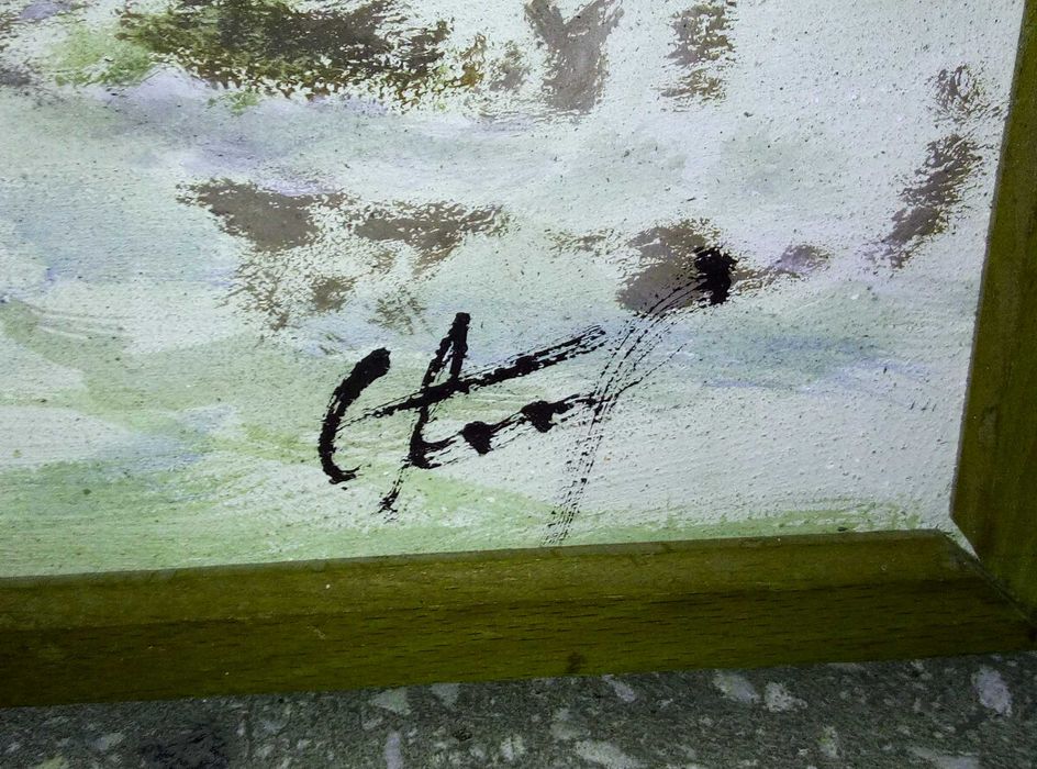 Стара Авторска Българска МАСЛЕНА КАРТИНА Зимен Пейзаж 80/50см